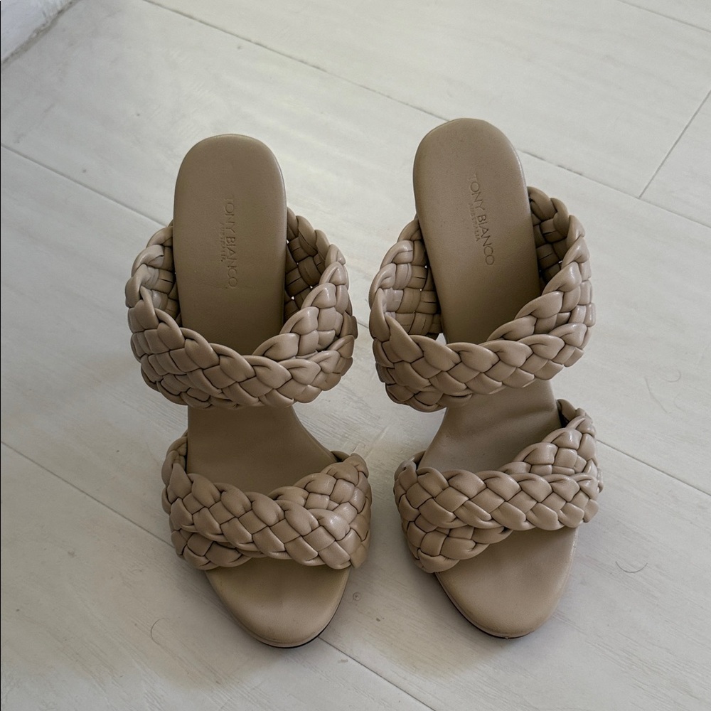 Tony Bianco Taupe Braided Double-Strap Slide Heels